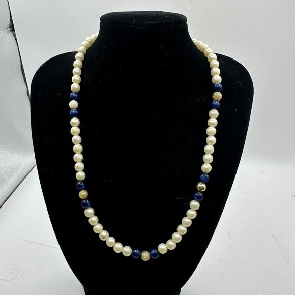 Vintage Faux Pearl & Faux Lapis Lazuli Bead Necklace With Metal Clasp - Picture 1 of 3